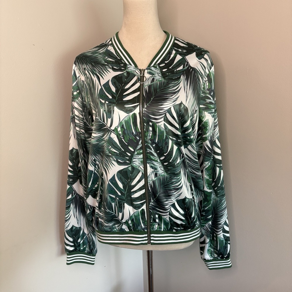 Guess Satin Monstera Track Jacket Bomber Zip Green Leaf Tropical Pockets Large
